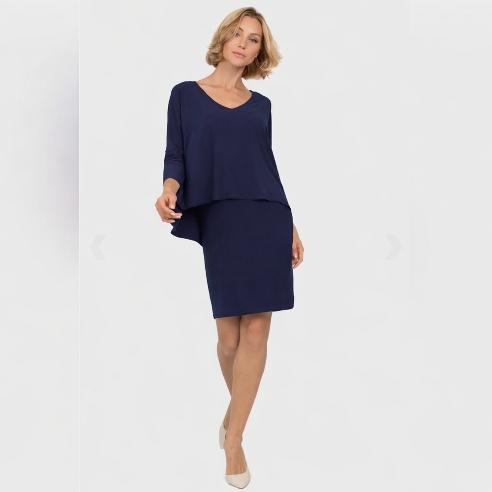 Joseph Ripkoff Dress Navy Layered Wedding Guest Cocktail